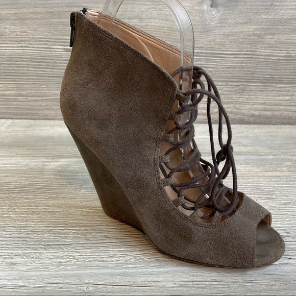 Shoemint Jordane lace up peep toe leather wedge booties size 6.5 zipper heel - Picture 1 of 12